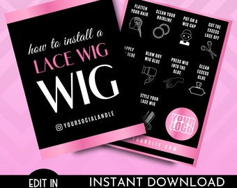 Wig Install Card Template | Lace Wig Install Card Template | Lace Install Guide Card Template | Hair Business Packaging