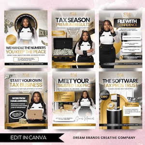May include: A collection of six promotional posters for tax services. Each poster features a woman in a black and white outfit. The posters have gold and white text, with phrases like "Tax Season Premium Results" and "Start Your Own Tax Business."