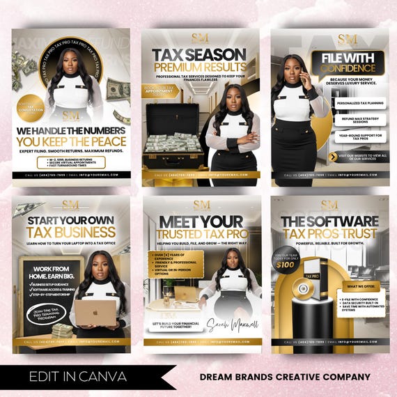 6 Fully Editable Tax Prep Service Flyers, 2026 Tax Season Flyers, Income Tax Preparer Flyers, Accounting Services Flyers, Canva Template