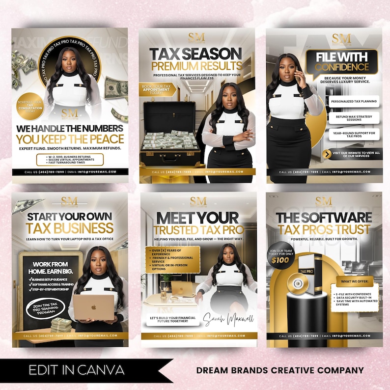 May include: A collection of six promotional posters for tax services. Each poster features a woman in a black and white outfit. The posters have gold and white text, with phrases like "Tax Season Premium Results" and "Start Your Own Tax Business."