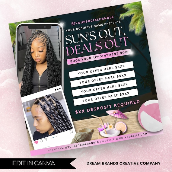 Summer Booking Flyer, DIY Booking flyer for Braids, Braids Summer Sale Flyer, Summer Deals Flyer, DIY Editable Flyer Canva, Instant Download