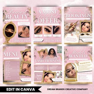 May include: A collection of pink and gold promotional flyers for beauty services. The flyers feature images of women with lash extensions, text such as "Dearest Beauty" and "Models Wanted", and floral accents. The bottom of the flyers read "Edit in Canva" and "Dream Brands Creative Company."