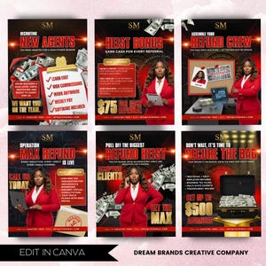 May include: A promotional graphic with a red and black theme, advertising tax services. The image features text like "New Agents," "Heist Bonus," and "Refund Crew." It includes images of money and a person in a red suit.