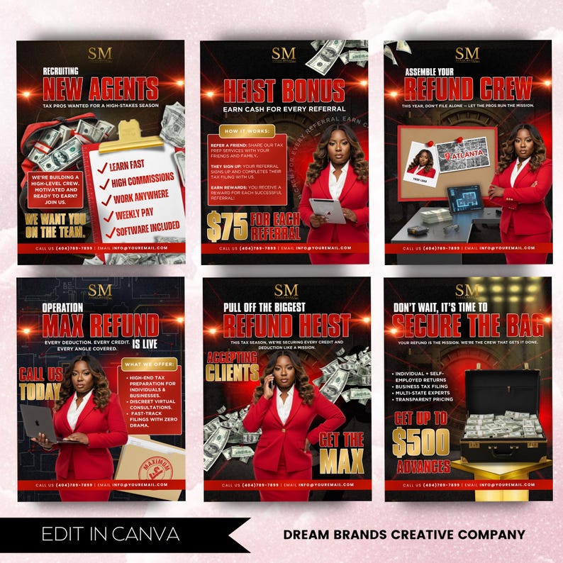 May include: A promotional graphic with a red and black theme, advertising tax services. The image features text like "New Agents," "Heist Bonus," and "Refund Crew." It includes images of money and a person in a red suit.