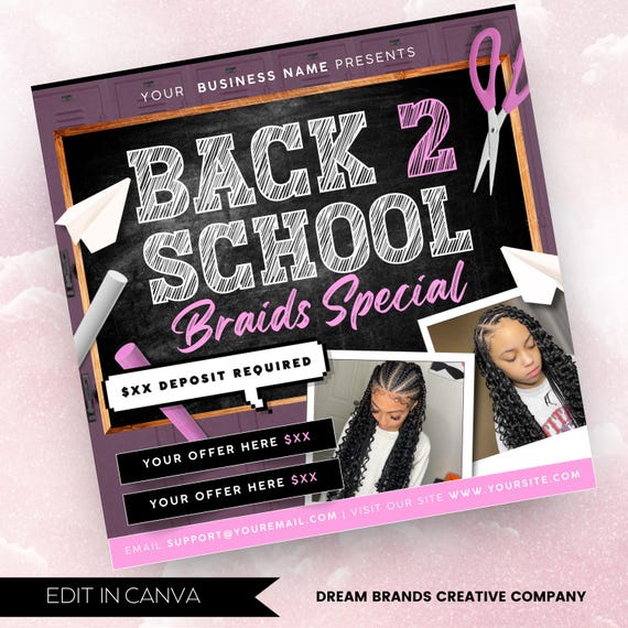 Back To School Flyer, Back to school hair flyer, Back to school sale flyer, DIY canva template, Back 2 School Flyer, Braid Special Flyer