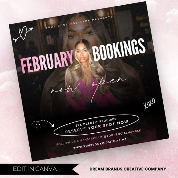 February Booking Flyer, Valentines Day Booking Flyer, February Bookings, Nail Hair Braids Lash Makeup Wig Install, Instagram Booking Flyer
