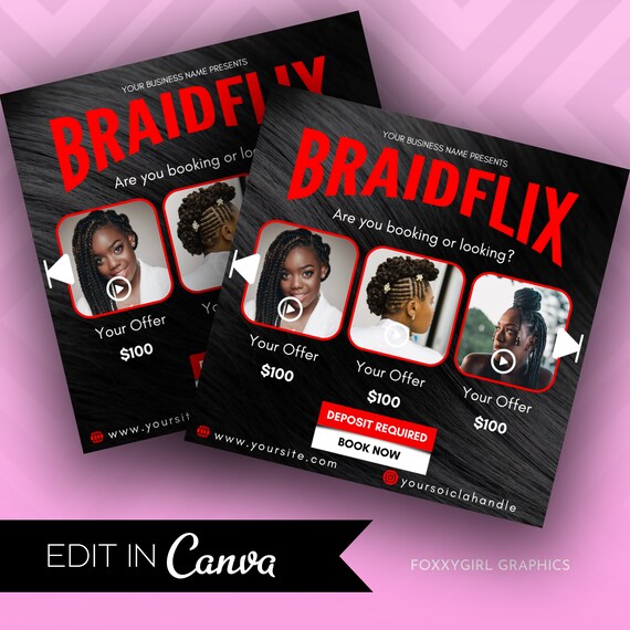BraidFLIX Themed |Looking or Booking Flyer | Monthly Booking Flyer | Book Now | Availability Open | Hair, Braiders, Wig install Flyers
