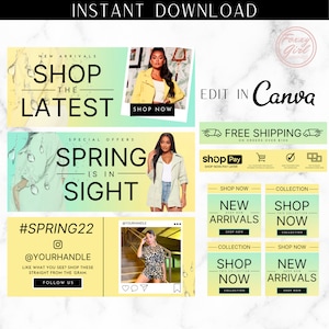 Può includere: Una pubblicità digitale con le scritte "SHOP THE LATEST" e "SPRING IS IN SIGHT". La grafica include immagini di modelle, dettagli dei social media e inviti all'azione come "SHOP NOW" e "FOLLOW US". Il design utilizza giallo e verde.