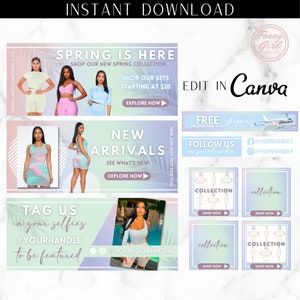 May include: A collection of social media graphics for an online clothing store. The graphics feature a variety of models wearing different outfits and include text such as "Spring is Here", "New Arrivals", "Tag Us in Your Selfies", and "Follow Us on Social Media".