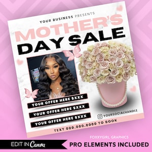 May include: A Mother's Day Sale advertisement with a marble background. The design features a woman's portrait, a bouquet of roses, and butterfly graphics. Text includes "Mother's Day Sale", offer details, and contact information.