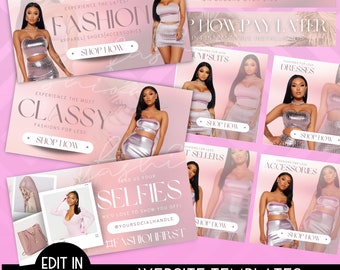 Clothing Website Design, Hair Extensions Website, Fashion Website Design, Premade Clothing Website Template, Website Banners, Shopify Theme