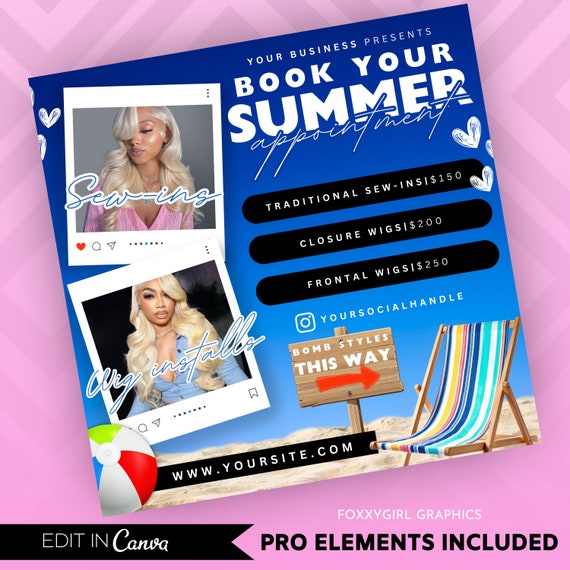 Summer Booking Flyer, Summer Break, Summer Special, Summer Appointments Books Open June July August Hair Braids Lash Nails Makeup Wig Wax