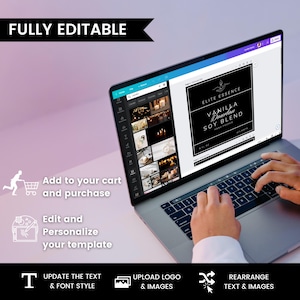 May include: A laptop displaying a candle label design with the text "Vanilla Bourbon Soy Blend." The image includes the words "Fully Editable," and instructions to add to cart, edit, upload, and rearrange text and images.