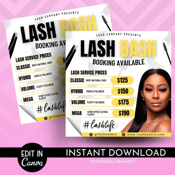 LASH SERVICE FLYER, Lashes, Social Media Flyer, Beauty Template, Diy Flyer, Canva Template for Lash pricelist