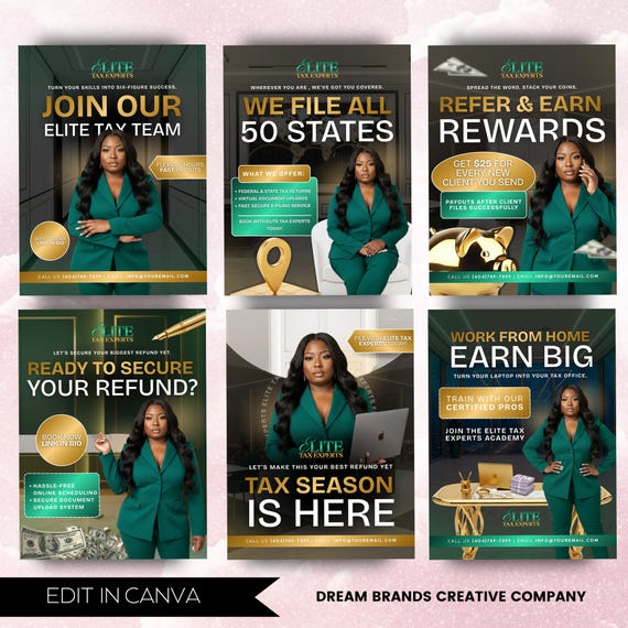6 Fully Editable Tax Prep Service Flyers, 2026 Tax Season Flyers, Income Tax Preparer Flyers, Accounting Services Flyers, Canva Template