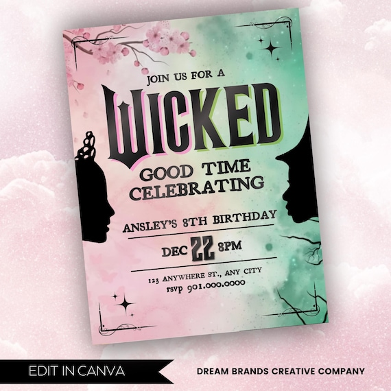 Wicked Birthday Party Invitation, Wicked party invitation, WICKED inspired Movie ticket, Elphaba & Glinda Theme, Movie party, Canva Editable