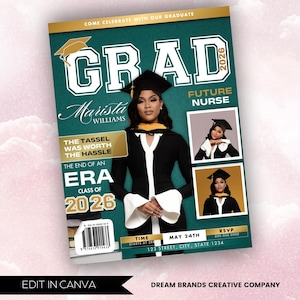 Green and Gold Magazine Cover Graduation Invite, DIY Template Design, Graduation Event, Class of 2026 Graduate, Premade Graduation Flyer