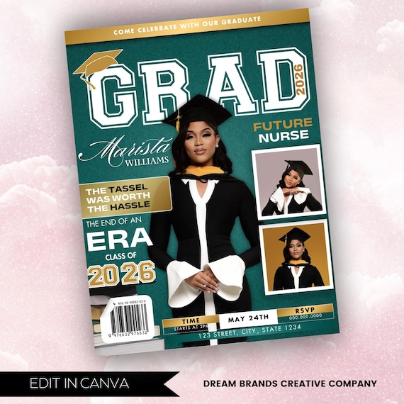 Green and Gold Magazine Cover Graduation Invite, DIY Template Design, Graduation Event, Class of 2026 Graduate, Premade Graduation Flyer