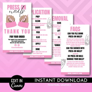 Handleidingsjabloon persnagels, aangepaste kunstnagels applicatiestappen, afdrukbare ontwerp nazorgkaarten kunstnagels, instant
