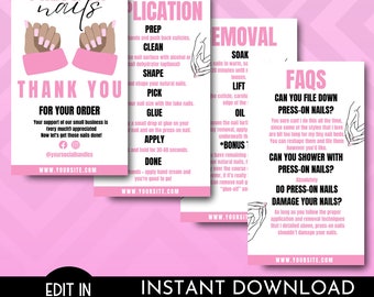 Press On Nails Care Guide Vorlage, benutzerdefinierte künstliche Nägel Anwendungsschritte, druckbare falsche Nägel Nachsorgekarten Design, sofort verfügbar