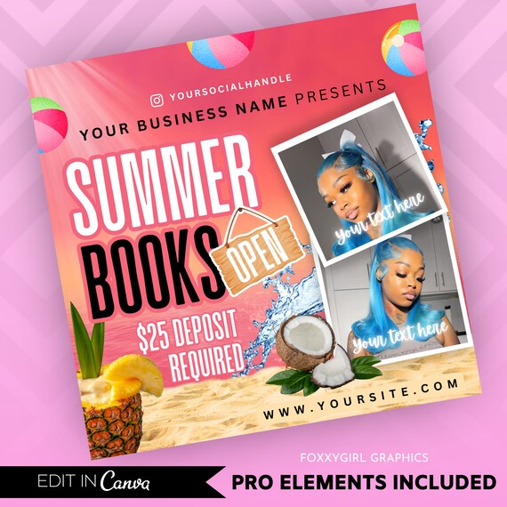 Summer Booking Flyer, Summer Break, Summer Special, Summer Appointments Books Open June July August Hair Braids Lash Nails Makeup Wig Wax