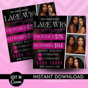 Könnte beinhalten: Ein schwarzer und pinkfarbener Flyer, der Sonderangebote für die Installation von Perücken aus Spitze bewirbt. Der Flyer zeigt Fotos von Frauen, die Perücken tragen, und enthält den Text "Lace Wig Installation Specials", "Frontals 175$", "Closures 145$", "Anzahlung erforderlich" und "Heute buchen".