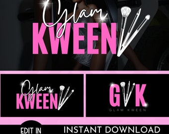 May include: Glam Kween logo design with pink text and white makeup brushes. The logo is on a black background. The text "Glam Kween" is in a stylized font. The makeup brushes are arranged in a diagonal line. The logo is also available in a smaller version with the text "GVK" and the words "Glam Kween" below.