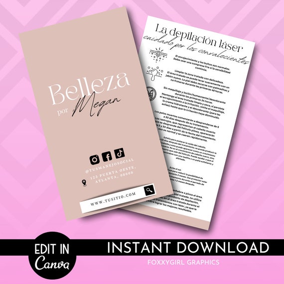 Laser Hair Removal Care Card, EN ESPANOL, Hair Removal Aftercare Template, Printable Hair Removal Care Guide, Editable Laser Hair Removal