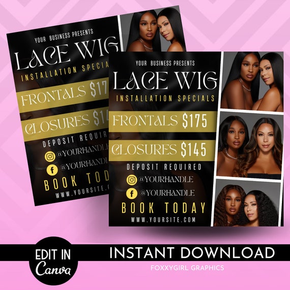 Wig Install Specials Flyer | DIY Hair Salon Appointment Book Now Sale Bundles Wigs Booking Salon Price List Editable Canva Flyer Template