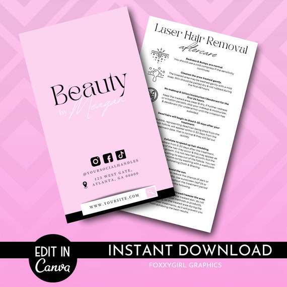 Laser Hair Removal Care Card Template, IPL Hair Removal Aftercare Template, Printable Hair Removal Care Guide, Editable Laser Hair Removal