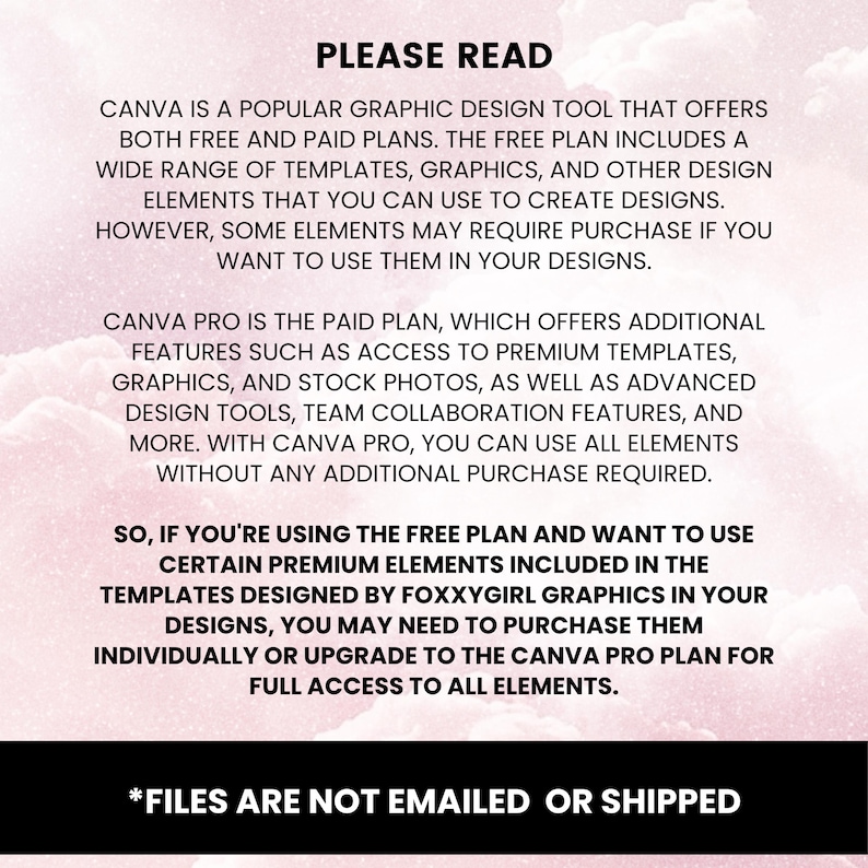 May include: A pink and white graphic with the text "PLEASE READ" at the top. The text explains Canva's free and paid plans, detailing access to templates, graphics, and design elements. It also states that files are not emailed or shipped.