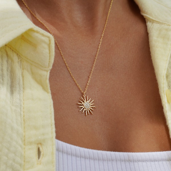 Golden Sun Necklace • Golden Pendant • Dainty Golden Necklace • CZ Paved Golden Pendant • Minimalistic Jewelry • Gift • Christmas Gift