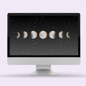 Könnte beinhalten: Ein Computerbildschirm zeigt einen schwarzen Hintergrund mit einer weißen Illustration von Mondphasen. Die Mondphasen sind in einer Reihe angeordnet, beginnend mit dem Neumond und endend mit dem Vollmond. Der Hintergrund ist mit kleinen goldenen Sternen übersät.
