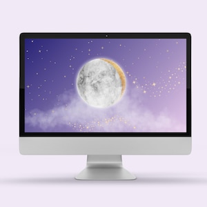 May include: A computer monitor displaying a digital illustration of a crescent moon with a gold rim, set against a purple and pink gradient background with white clouds and gold glitter.