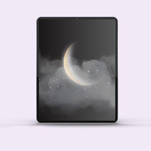 Tabletbehangset bewolkte maan. Dromerige nachtelijke hemelachtergrond voor iPad en digitale apparaten.