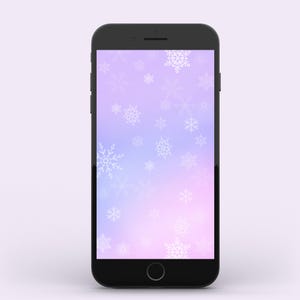May include: A black smartphone displays a winter-themed wallpaper. The screen features a gradient background of purple and blue hues, adorned with white snowflake illustrations. The phone has a rounded home button and a sleek, modern design.