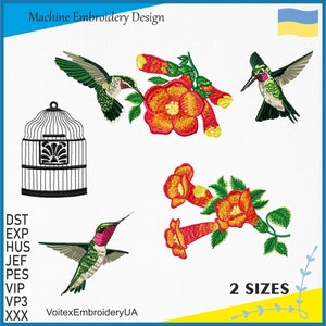 ハチドリの花の機械刺繍デザインセット - 2 つのサイズによる 5 つのデザイン - ハチドリの楽園の鳥の刺繍ファイル - 即時ダウンロード
