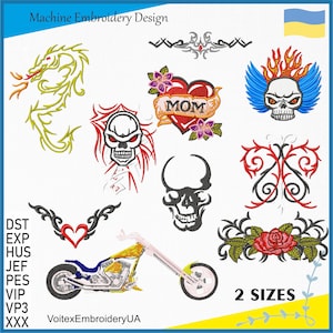 May include: Machine embroidery design set featuring a dragon, skulls, a heart with the word "MOM", a motorcycle, a rose, and other designs. The designs are available in two sizes.