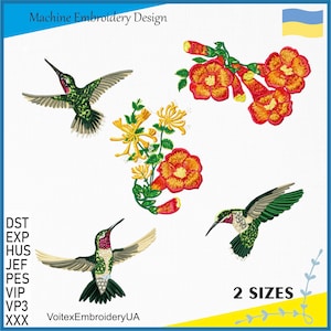ハチドリの花の機械刺繍デザインセット - ハチドリの楽園の鳥の刺繍ファイル 2 つのサイズによる 5 つのデザイン - 即時ダウンロード