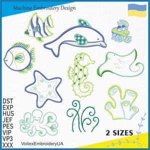 Marine Life Kids Applique Embroidery Design Set - 10 Designs - Sea Conch Shell Horse Crab Octopus Dolphin Stingray Pattern -Instant Download