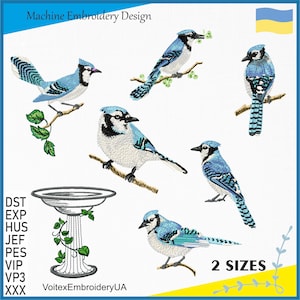 May include: Machine embroidery design featuring six blue jays perched on branches, with a bird bath in the center. The design comes in two sizes and is available in various embroidery file formats, including DST, EXP, HUS, JEF, PES, VIP, VP3, and XXX.