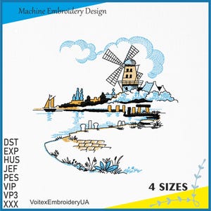Puede incluir: Diseño de bordado a máquina de un molino de viento azul y blanco en la orilla de un río con un pequeño velero en el agua. El diseño incluye un camino de ladrillos amarillos, árboles verdes y nubes azules. El texto "4 SIZES" está en la esquina inferior derecha.