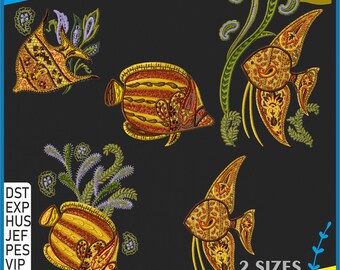 Set di disegni da ricamo a forma di pesce - Modello da ricamo a forma di pesce - 5 disegni per 2 misure - Download immediato