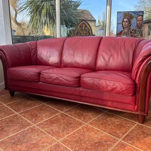 Original Good Quality Danish 3 Seater Sofa Red Leather Good 