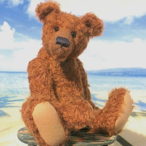 Könnte beinhalten: Ein brauner Teddybär mit schwarzer Nase und hellbraunen Pfoten sitzt auf einem kleinen Hocker. Der Bär hat eine zottelige Fellstruktur und ist vor einer Strandkulisse mit blauem Himmel und Meer positioniert.