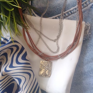 Leather Suede Life Tree Necklace, Multiple Leather Necklace, Multiple Necklace, Life Tree Necklace, 2 Colour Options
