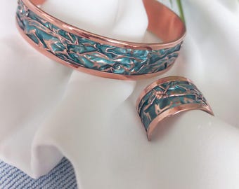 Adjustable Copper Bracelet and Ring Set: Handcrafted Patina Jewelry