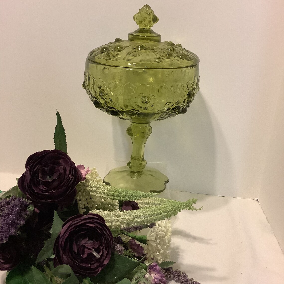 Fenton Green Cabbage Rose Compote/candy Dish With Lid Etsy