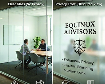 May include: A split-screen comparison showing clear glass on the left labeled BEFORE and frosted glass on the right labeled AFTER. The right side features the text EQUINOX ADVISORS, a scale logo, and the text Enhanced Privacy, Custom Branding, Modern Look.