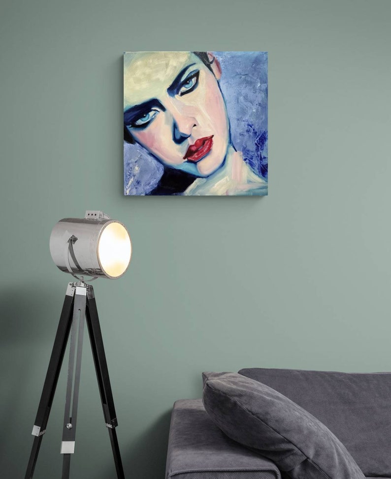 Oil painting on canvas Portrait of Women Young girl with Red lips Blue eyes Inspired by Malcolm T Liepke Contemporary wall Art Decor image 3